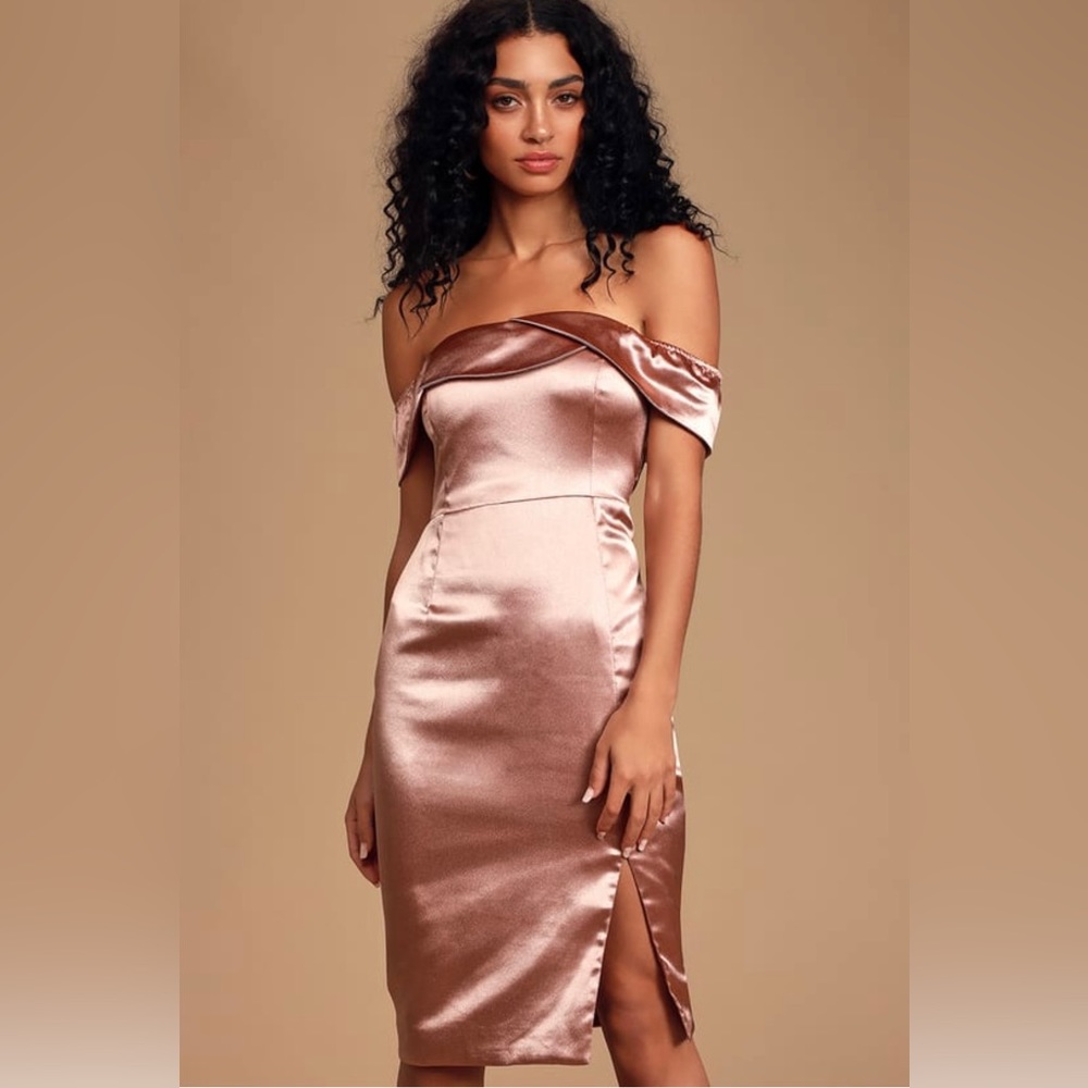 Brand New Mauve Pink Satin Off-the-Shoulder Midi Dress